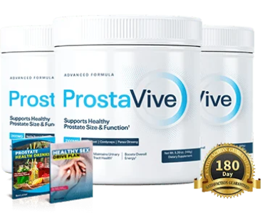 ProstaVive prostate health supplement bottles with bonus guides and 180-day guarantee seal